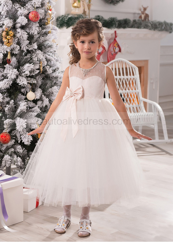 Beaded Neck Ivory Polka Dots Tulle Tea Length Flower Girl Dress